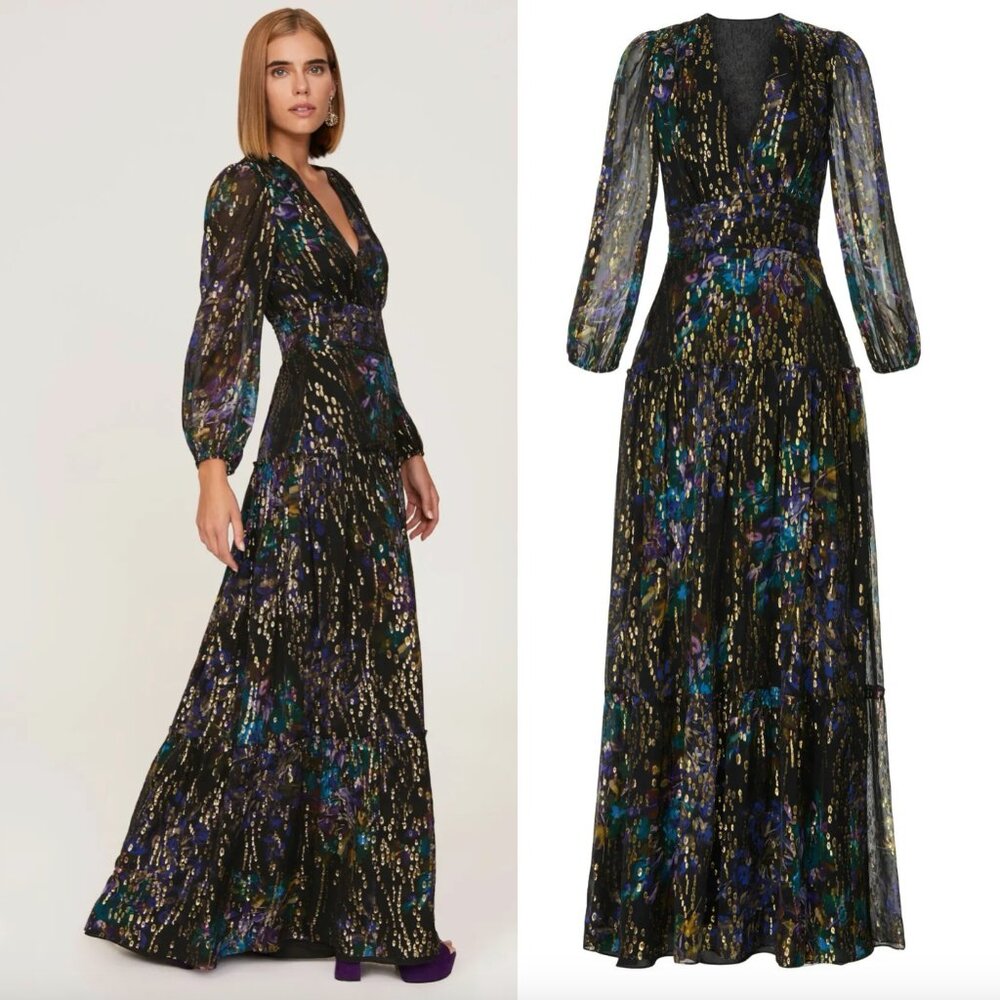 Shoshanna Madeline Gown in Black Georgette Metallic Gold Long Sleeve Maxi Dress - Picture 2 of 3